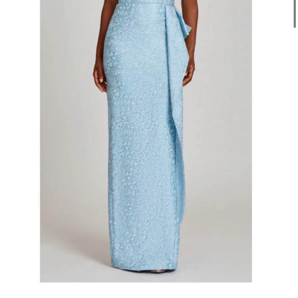 Teri Jon Sky Blue off the shoulder evening gown with Draped Front